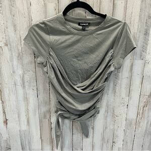 NWT Express Green Faux Wrap Ruched Cropped Baby Tee